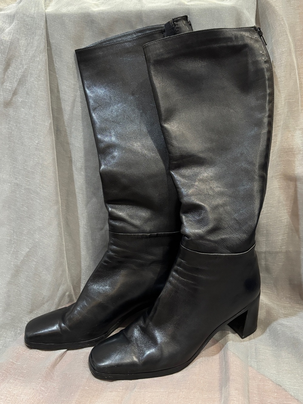 Stuart Weitzman Black Leather Knee-High Block Heel Boots